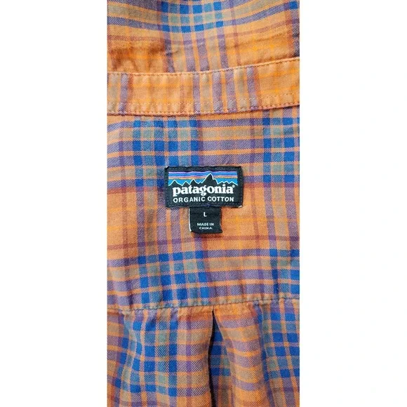 Patagonia Orange and Blue Plaid Casual Button Down Shirt - Picture 5 of 10